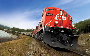red and white dump truck, diesel locomotive, freight train