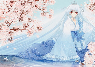 girl anime character with blue and white dress HD wallpaper