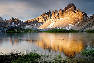 brown and black wooden wall decor, mountains, lake, reflection, cliff