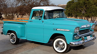 blue single cab pickup truck, car