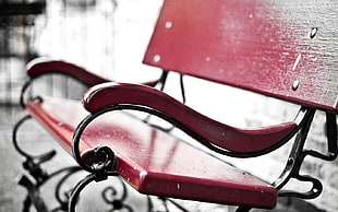black and red metal framed wood-top patio benc, bench, selective coloring, depth of field HD wallpaper