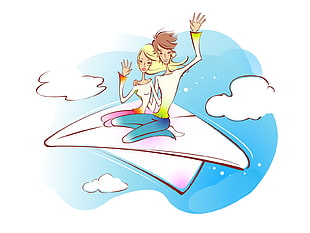boy and girl sitting on paper plane illustration HD wallpaper