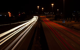 time-lapse photo of road, light trails, road, long exposure, traffic