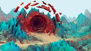 red and teal pointed cave illustration HD wallpaper