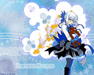 female with white hair carrying bear plush toy anime digital wallpaper