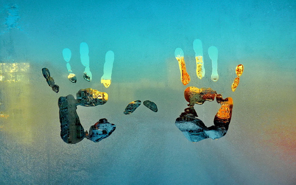 two hand print, photography, window, frost, glass HD wallpaper