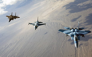 three battle planes, airplane, army, General Dynamics F-16 Fighting Falcon, F-15 Eagle