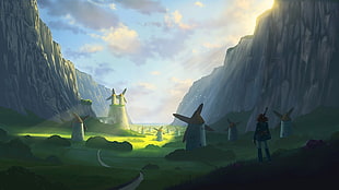 woman looking at windmills cartoon digital wallpaper, mountains, landscape, windmill, sun rays