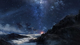 mountain range under starry sky, stars, digital art, space, mountains