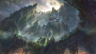 game illustration, fantasy art, clouds, castle, mountains