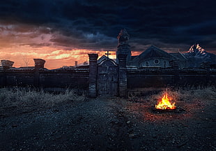 bonfire illustration, night, fireplace, monastery
