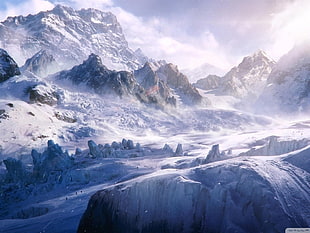 gray snow-covered mountains, nature, artwork, fantasy art, mountains
