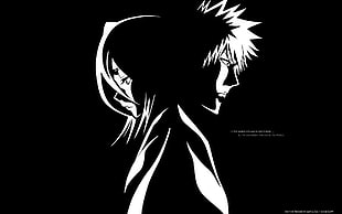 black and white anime illustration, Bleach, Kurosaki Ichigo, Kuchiki Rukia, silhouette
