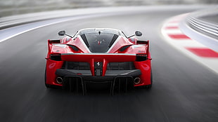 black and red luxury car, Ferrari FXXK, car, race tracks, motion blur