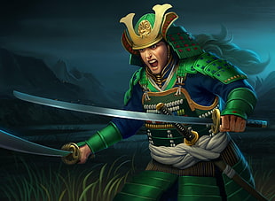 male cartoon character illustration holding samurai