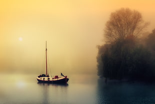 white and black boat on body of water during foggy weather