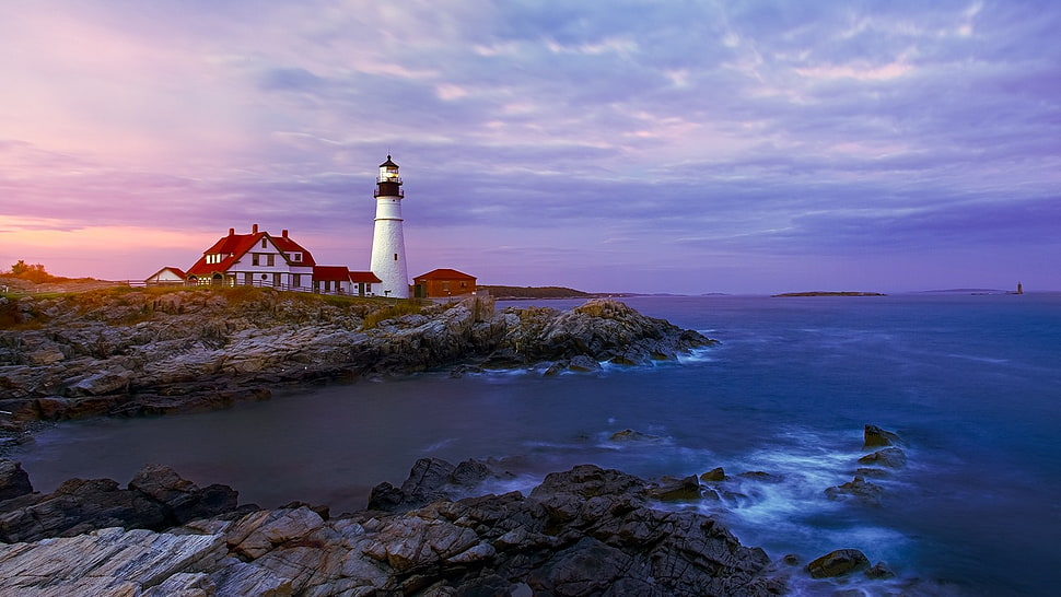 white lighthouse, photography, nature, clouds, sunset HD wallpaper