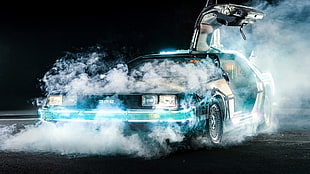 blue DMC Delorean coupe, Back to the Future, DeLorean, time travel, car