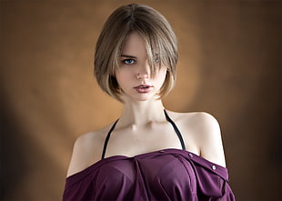 women's purple off-shoulder top, women, blonde, blue eyes, see-through clothing HD wallpaper
