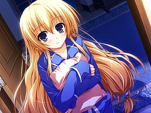 yellow haired girl wearing blue uniform anime character