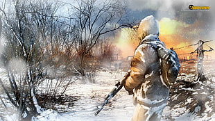 person holding assault rifle game application, Survarium, apocalyptic, winter