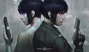 Ghost in the Shell painting, Ghost in the Shell, cyborg, gun, blue hair