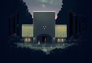 gray concrete building between trees at nighttime illustraiton, Superbrothers: Sword & Sworcery EP, video games