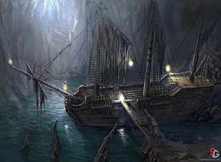 galleon ship illustration, sea, old ship, fantasy art, pirates