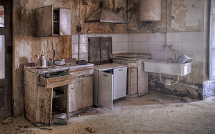 gray and brown wooden cupboards, kitchen, interior, ruin