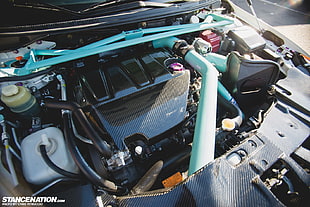 black and teal car engine, Mitsubishi Lancer Evo X, evolution, Mitsubishi Lancer, Mitsubishi HD wallpaper
