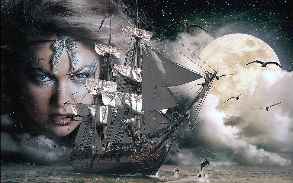 brown and white sailing boat, clouds, Moon, sea, witch HD wallpaper