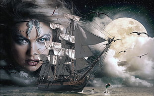 brown and white sailing boat, clouds, Moon, sea, witch