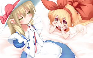 two female anime character on bed illustration