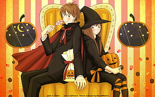 male and female anime characters wallpaper, Halloween, witch, pumpkin, Kimi ni Todoke
