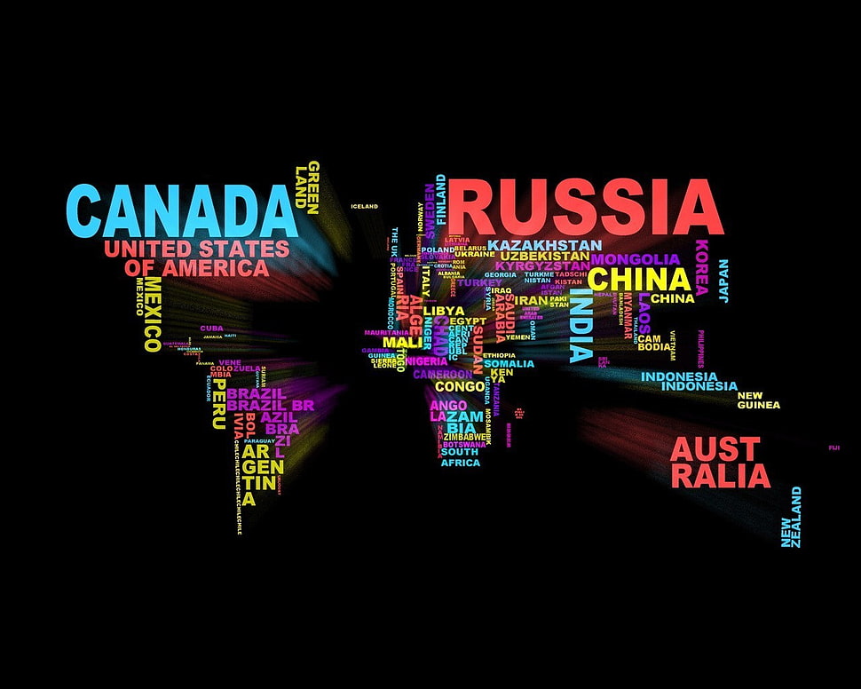 black background with text overlay, map, word clouds HD wallpaper