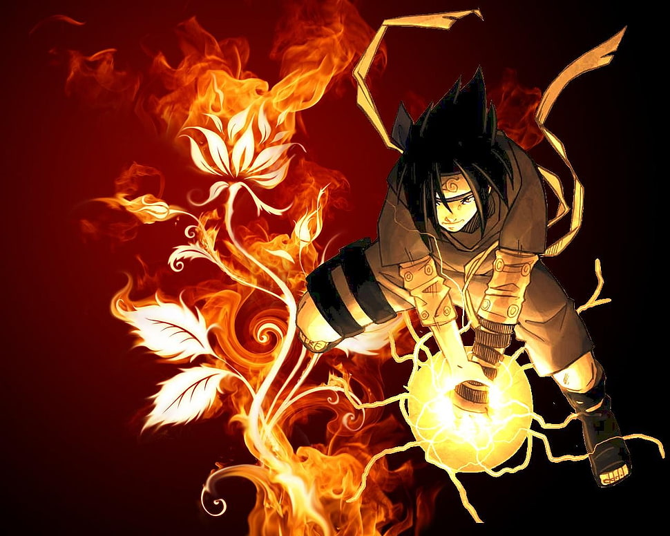 Uchiha Sasuke digital wallpaper, Naruto Shippuuden, Uchiha Sasuke, flowers, fire HD wallpaper