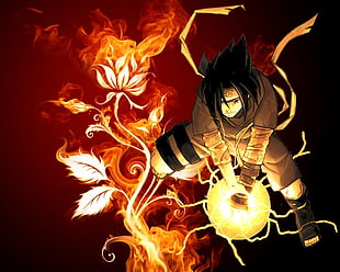 Uchiha Sasuke digital wallpaper, Naruto Shippuuden, Uchiha Sasuke, flowers, fire