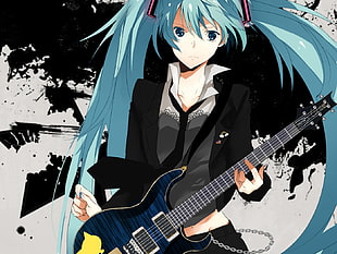 anime character playing blue guitar illustration