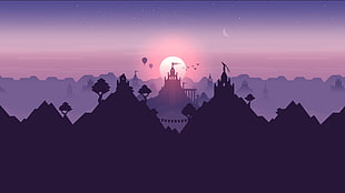 silhouette of castle near tress at night time, video games, alto's adventure
