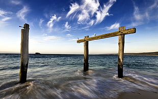time lapse photography of seashore with brown wooden port posts