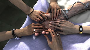 five people holding on person's palm