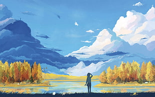 silhouette of person looking at mountain near body of water painting
