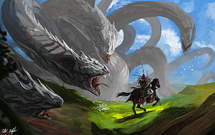 Hydra monster chasing man riding horse HD wallpaper