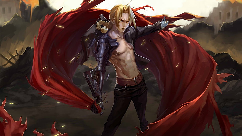 Fullmetal Alchemist: Brotherhood, Elric Edward, shirtless, cloaks HD wallpaper