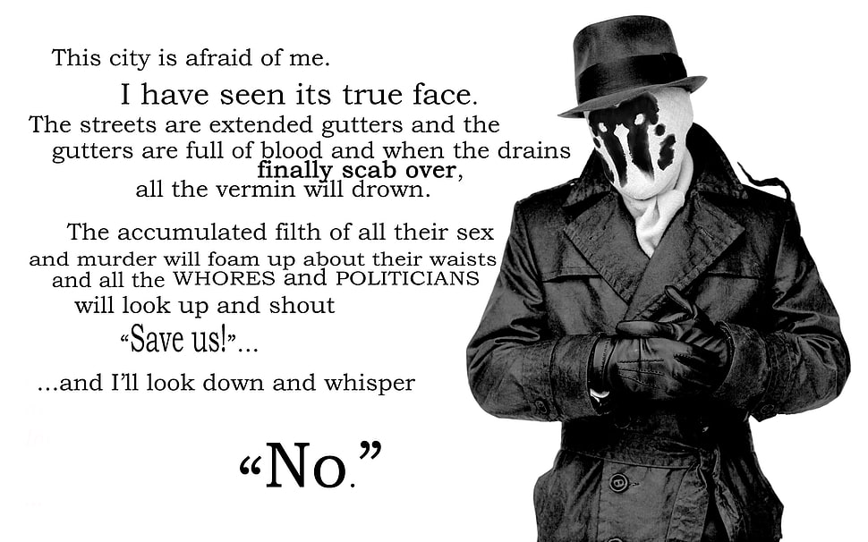 men's black coat with text overlay, Watchmen, quote, Rorschach, monochrome HD wallpaper