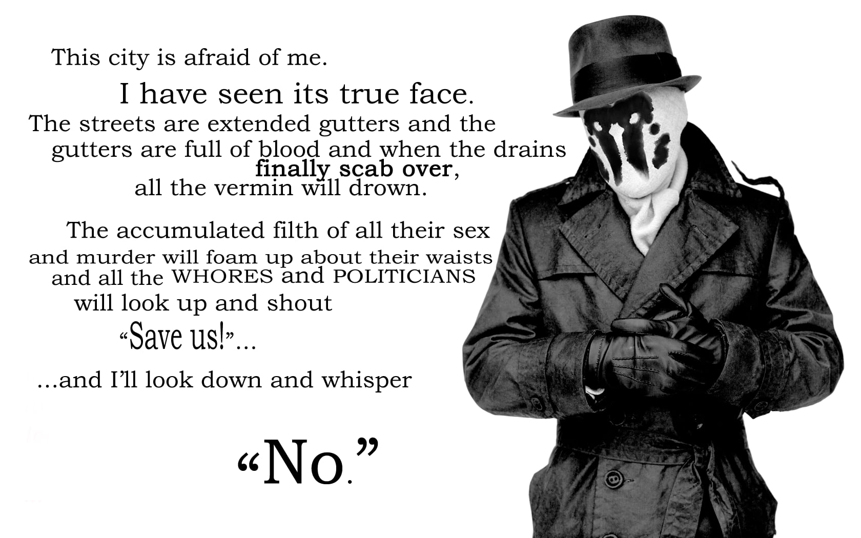 men's black coat with text overlay, Watchmen, quote, Rorschach, monochrome
