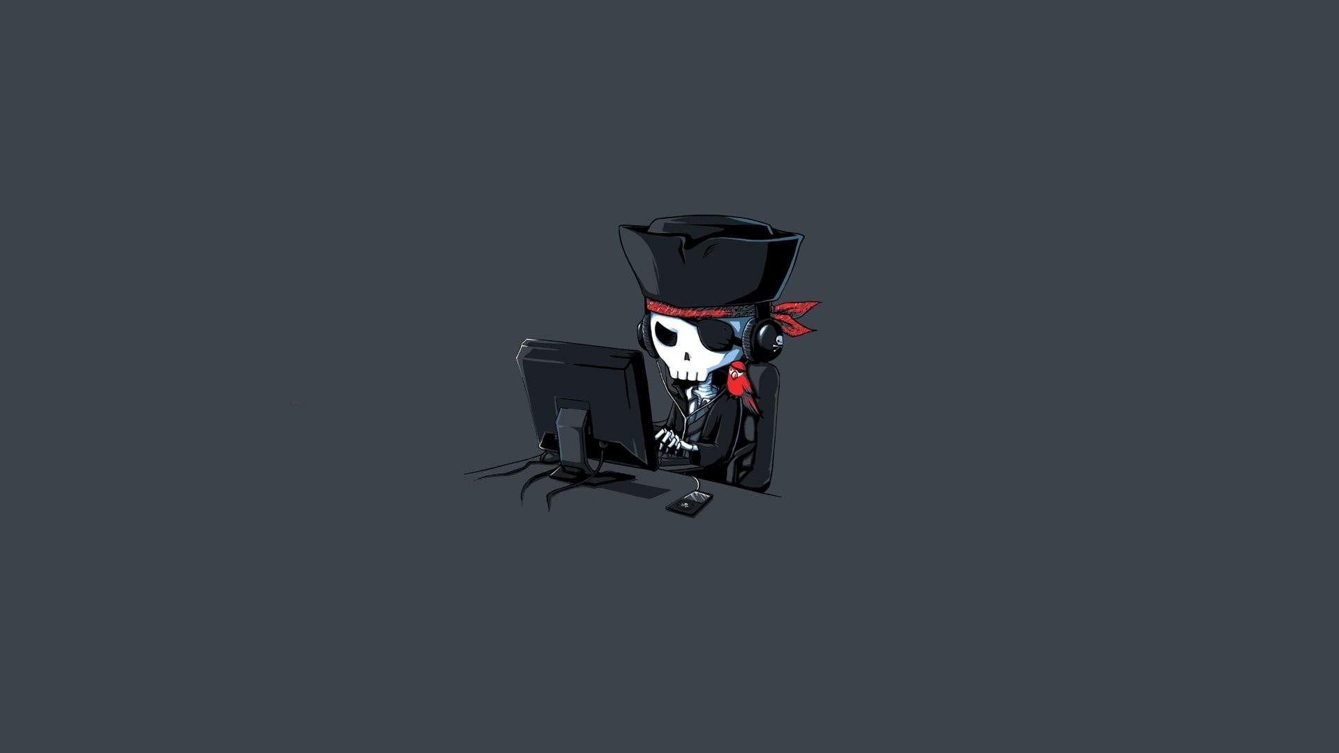 white skeleton at computer wallpaper, pirates, skeleton, computer
