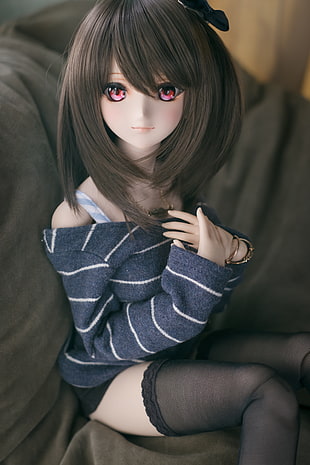 wearing blue and white off shoulder long sleeve shirt  doll