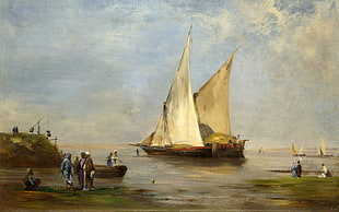 people beside body of water and ship painting, painting, boat, sea, Nile