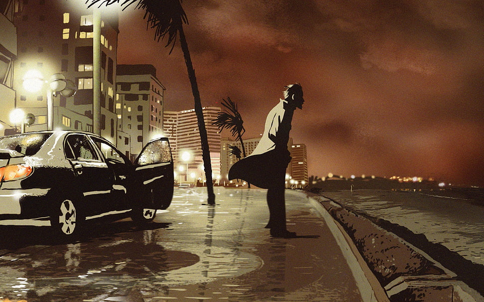 man standing near bay painting, Waltz with Bashir, animated movies, car, men HD wallpaper